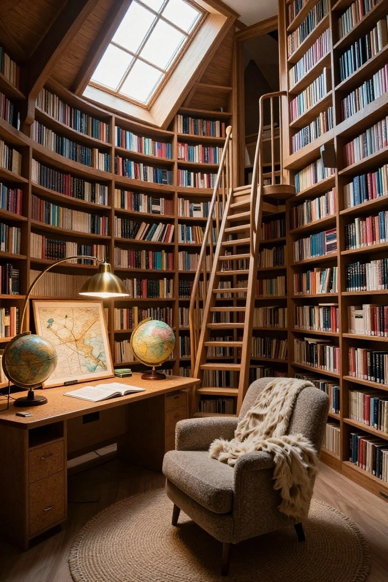 Circular wooden library interior with floor-to-ceiling bookshelves lining curved walls, wooden spiral staircase, wooden desk with open book two globes and brass lamp, armchair with wool throw on round rug, skylight overhead