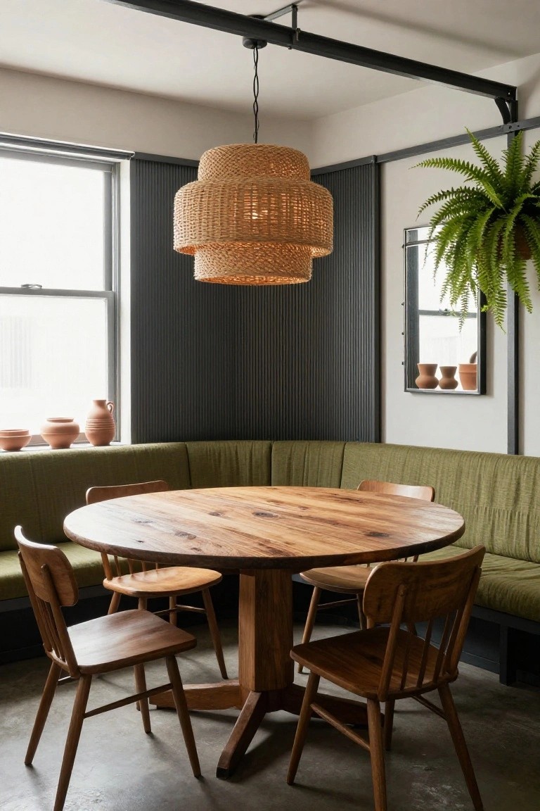 Corner interior dining area with green booth seating, round wooden table, four wooden chairs, double rattan pendant light, potted plants on shelves, terracotta pots on windowsill, and slatted gray wall.