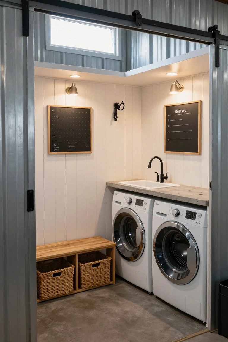 Compact interior laundry room in a metal building with white shiplap walls, two white front-loading washers and dryers on a concrete countertop with utility sink, wooden bench with wicker baskets underneath, chalkboard calendars in wooden frames, and an open metal barn door.