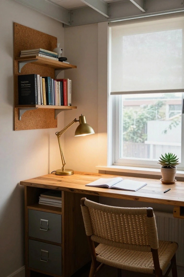 Corner of a room featuring a wooden desk with open notebook and pen, rattan chair, gold adjustable lamp, wall-mounted shelves with books, corkboard, and a window with roller blind and potted succulent plant, under exposed metal ceiling beams.