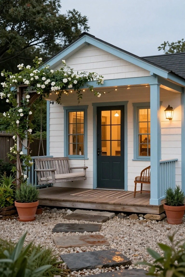 Small white shiplap ADU with blue trim and gabled black roof, covered front porch with wooden swing, climbing white roses on arched trellis, string lights, potted plants, wooden chair, dark door, and stone path on gravel yard.