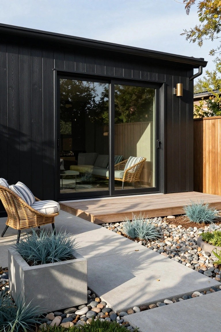 Black wood-clad prefab ADU with large sliding glass doors open to a wooden deck, rattan chair with cushions outside, concrete pathway, gravel mulch, and blue agave plants in a backyard setting.