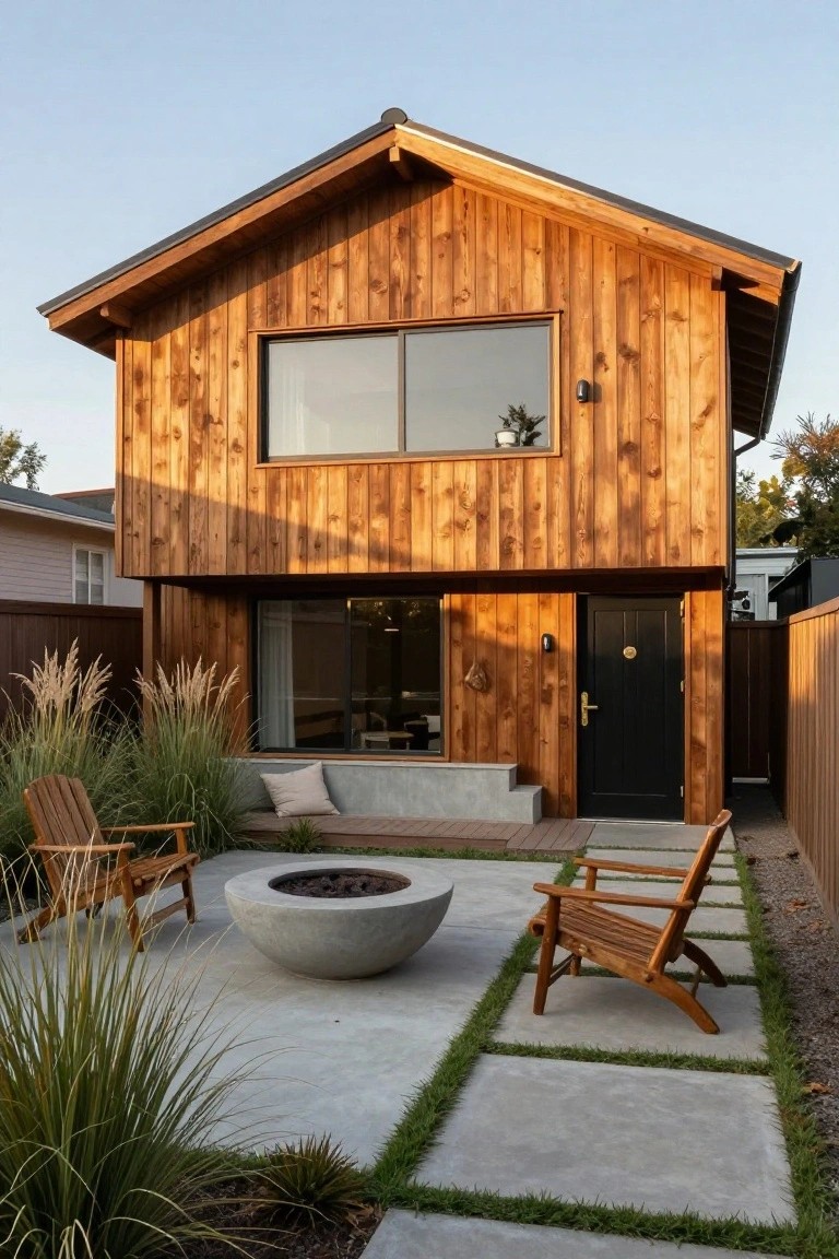 Wooden-clad house exterior with large windows and black front door, facing a concrete patio with two Adirondack chairs around a central fire pit, pampas grass plantings, and grass-inlaid pavers.