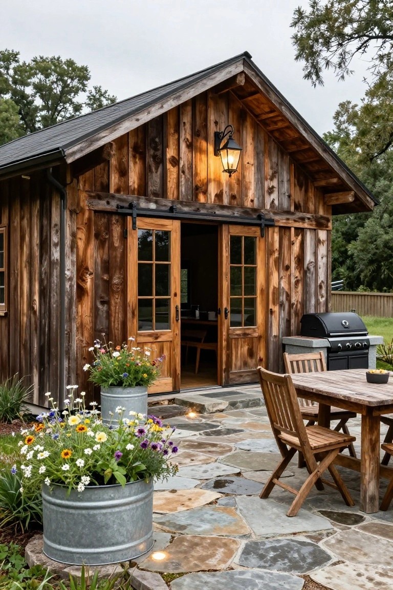 Rustic wooden gabled-roof ADU building with sliding barn doors open to interior, adjacent stone-paver patio with wooden dining table and chairs, gas grill, metal bucket planters with flowers, and surrounding trees and garden.