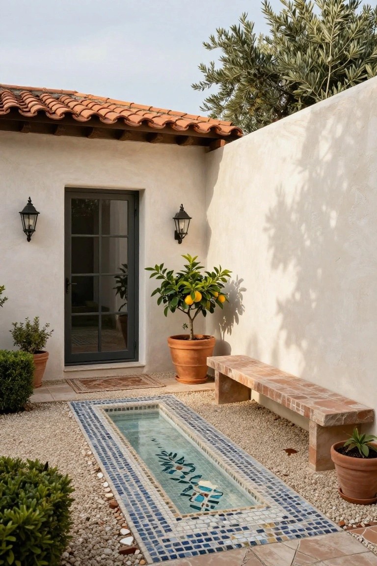 Compact outdoor courtyard with white stucco wall, black metal door flanked by lanterns, potted lemon tree, stone bench, gravel ground, boxwood shrubs, and shallow rectangular pool with blue mosaic tiles and leaf motif.