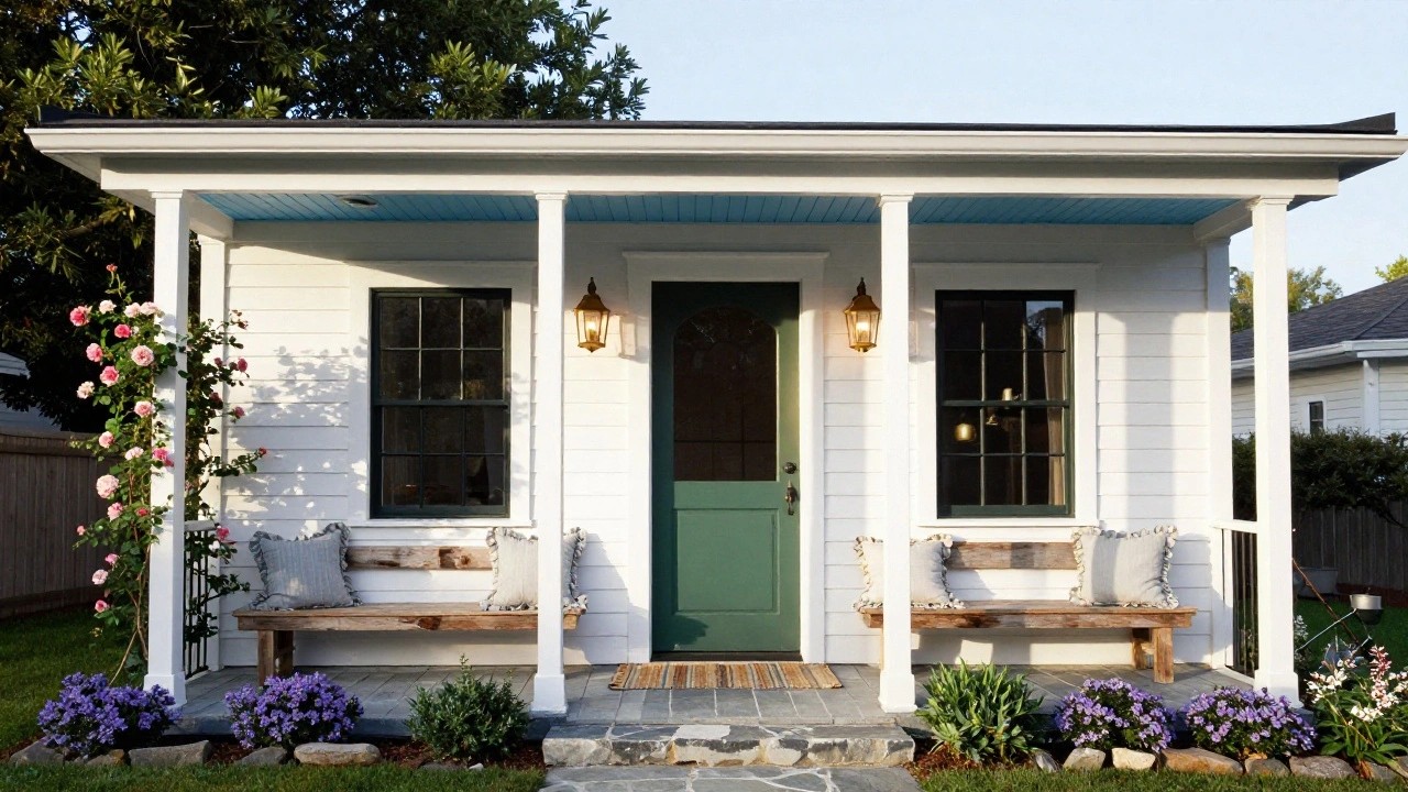 White shiplap house exterior with green paneled front door featuring arched glass top light, wooden porch bench with linen pillows, lantern light fixture, climbing pink roses on post, blue porch ceiling, and stone steps.