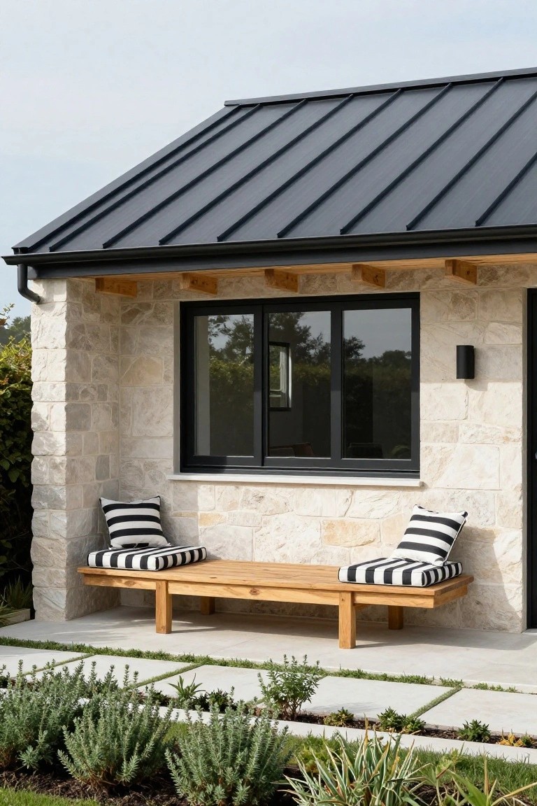 Exterior view of a modern cottage's beige stone wall featuring a low wooden bench with black-and-white striped cushions under a large black-framed sliding window, next to a black door, pavers, and low green shrubs.