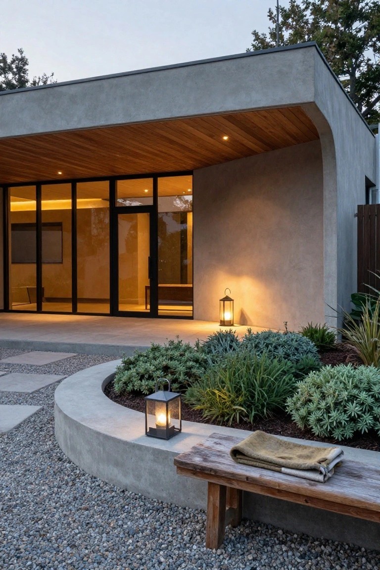 Modern house exterior at dusk featuring curved stucco walls around the entry, wood ceiling canopy, large glass doors, two lanterns, wooden bench with blanket, curved garden bed with plants, and gravel path.