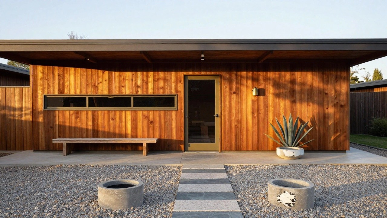 Small cedar-clad wooden pavilion with yellow front door, large window, integrated wooden bench, concrete steps, pebble stone pathway, agave plant in concrete planter, and gravel yard.