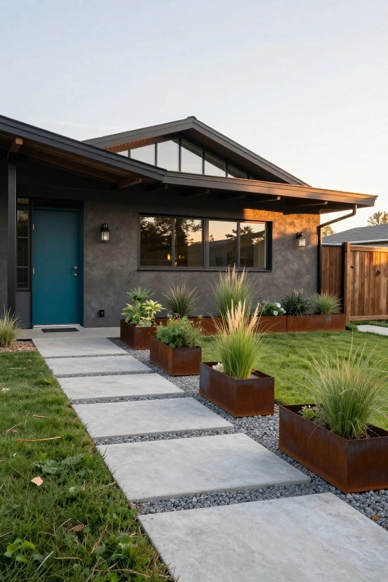 Mid-century modern house front with turquoise door, gray stucco walls, black-framed windows under an angled roof, concrete paver walkway edged in gravel, and corten steel planters with grasses in the front yard.