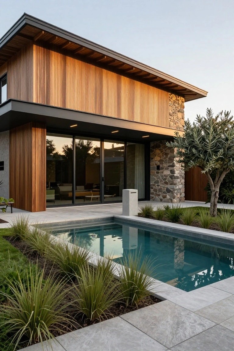 Modern house exterior featuring vertical wooden cladding on the upper facade, a stone base, large sliding glass doors, a small rectangular pool, grasses, and an olive tree in the foreground at dusk.