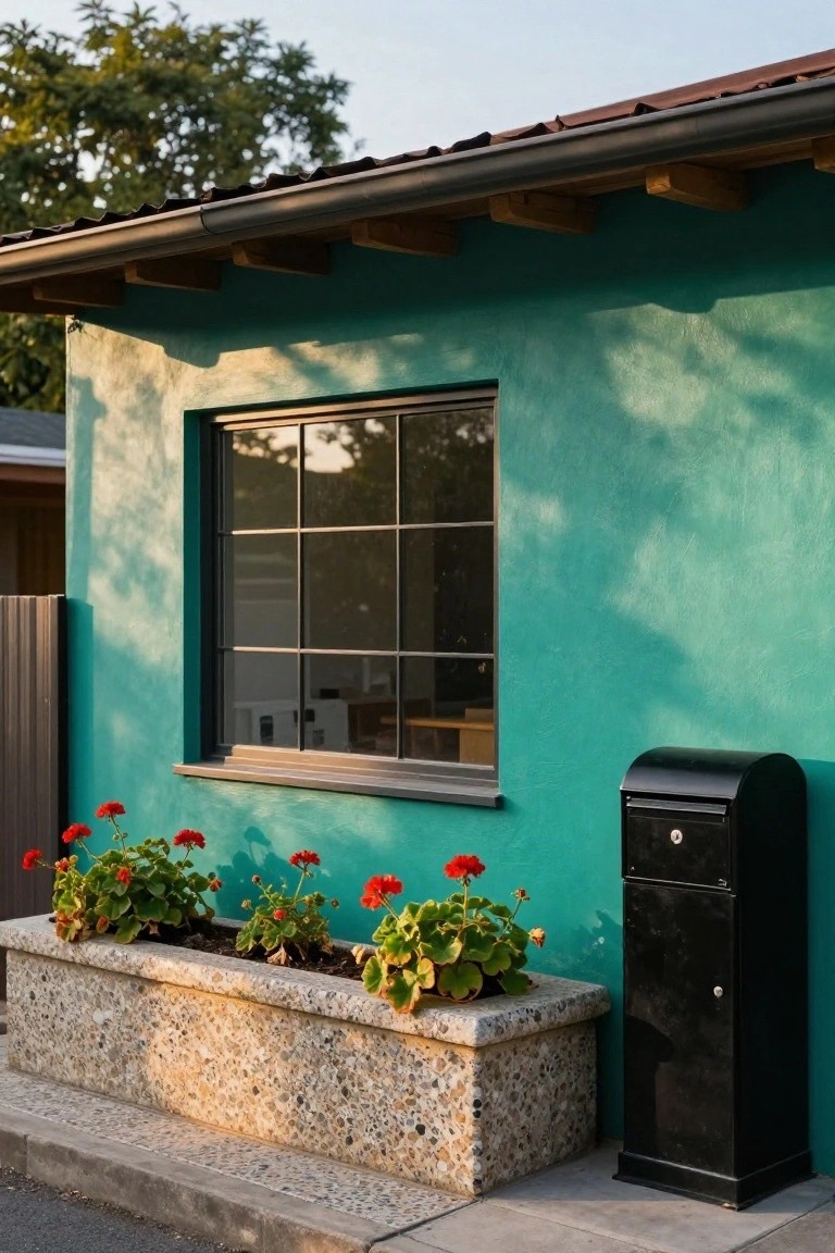 Teal stucco exterior wall of a house with a large divided-light window, stone planter box of red geraniums below it, black mailbox next to the planter, wooden roof overhang above, and a wooden fence nearby.