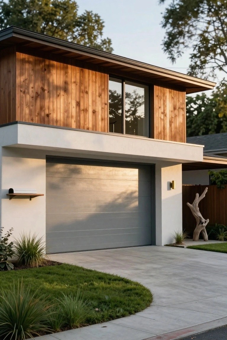 Modern house exterior with vertical brown wood cladding on the upper facade, white stucco base, gray garage door, concrete driveway, and surrounding landscaping with grasses and trees.
