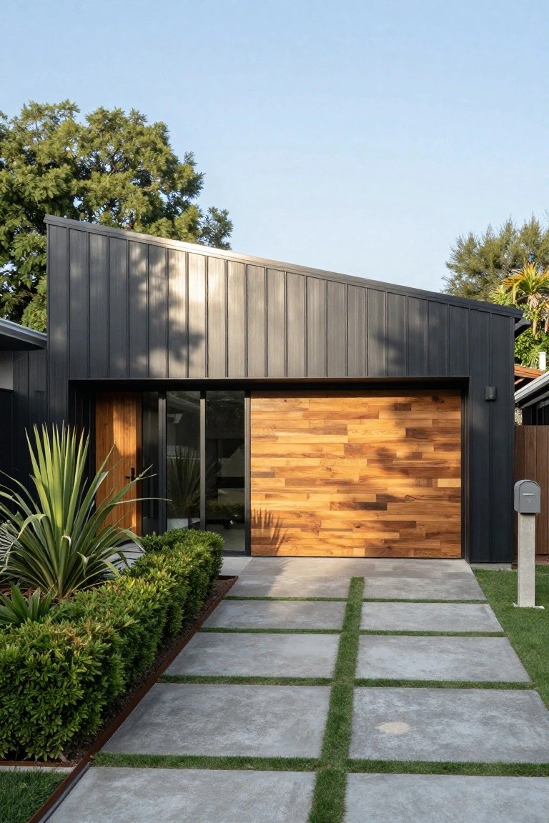 Contemporary house exterior with dark corrugated metal siding and sloped roof, large garage door clad in horizontal wooden slats, concrete paver pathway with grass joints, low boxwood hedges, palm plants, and metal mailbox post.