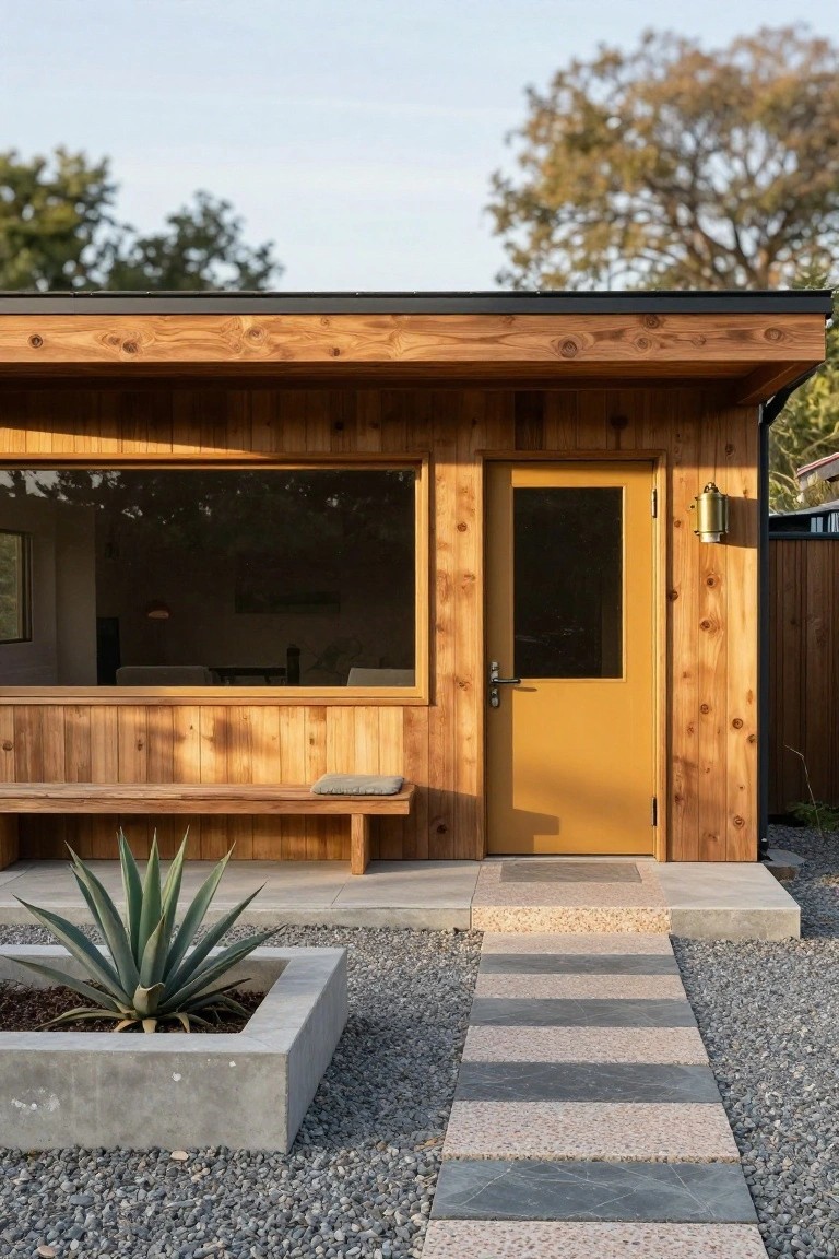 Small cedar-clad wooden pavilion with yellow front door, large window, integrated wooden bench, concrete steps, pebble stone pathway, agave plant in concrete planter, and gravel yard.