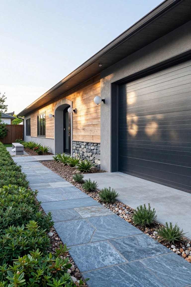Side view of a single-story modern house with horizontal wood cladding on part of the facade, gray stucco walls, a stone base, black garage door, arched black entry door with globe lights, slate tile pathway, gravel mulch, and low green plants along the edge.