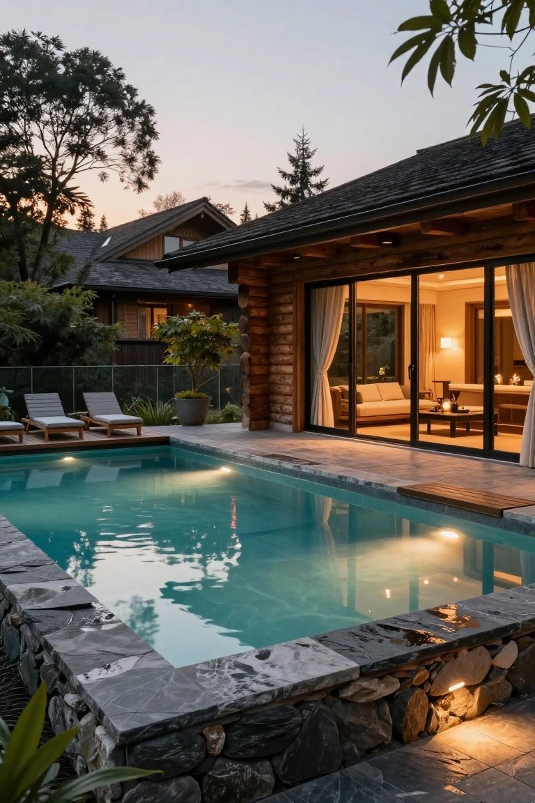 Log cabin exterior at dusk featuring a lit turquoise infinity-edge pool with wooden deck, lounge chairs, and large open glass sliding doors to an indoor living room with sofa, table, and lamps, surrounded by trees and stone walls.