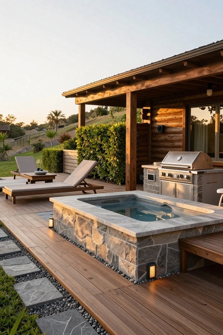 Wooden deck area with built-in rectangular hot tub edged in stone, two lounge chairs, stainless steel barbecue grill on stone base, pergola shelter next to log cabin house, hedges, pebbled paths, and landscape lighting.