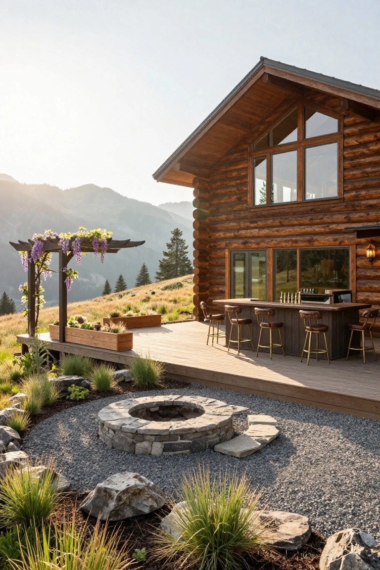Log cabin exterior with wooden deck featuring a built-in bar counter and stools, adjacent stone fire pit, pergola with wisteria, planters, gravel hardscaping, native grasses, rocks, and mountain views.