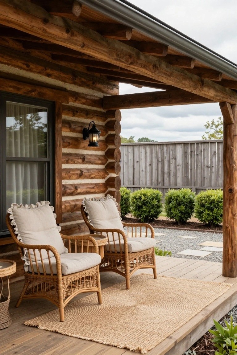 Covered log cabin porch with two beige-cushioned wicker armchairs, wicker side table, round seagrass rug on wooden deck, boxwood shrubs, gravel path, and wooden fence in background.