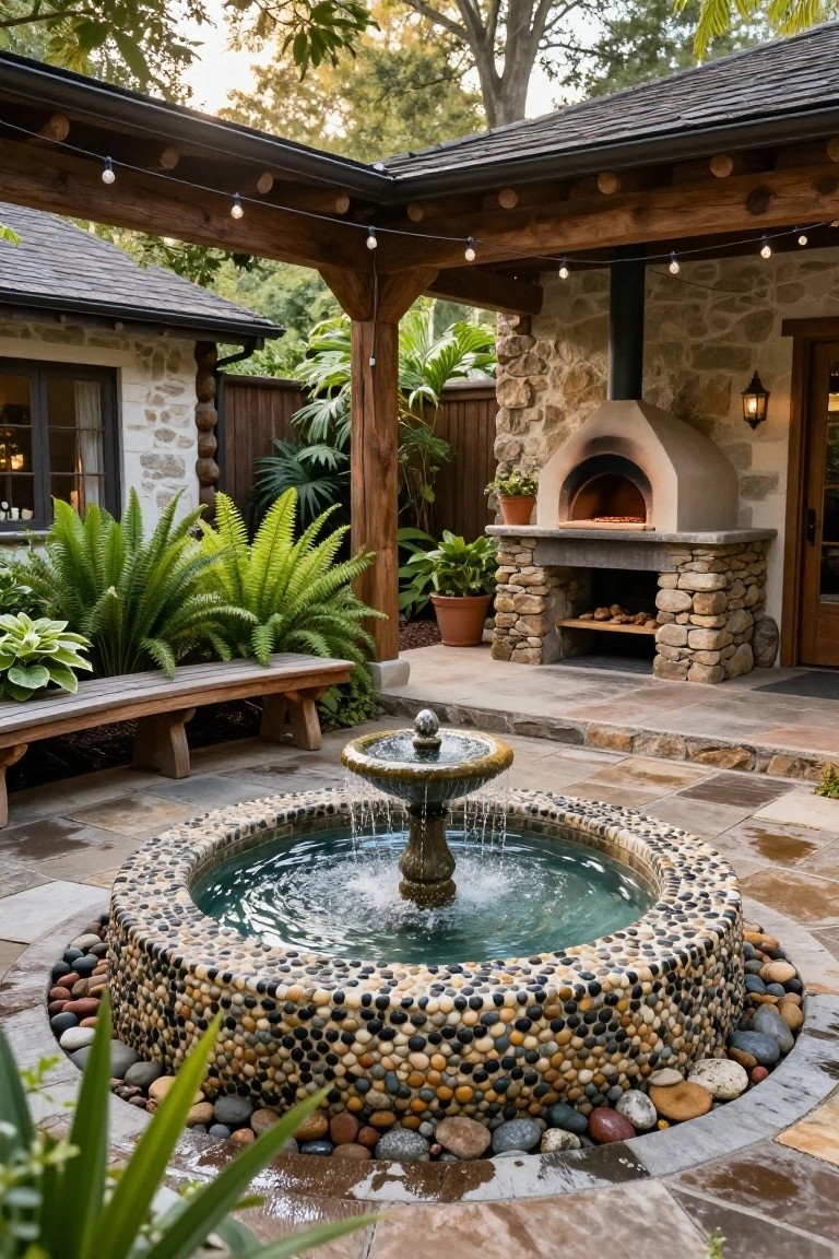 Outdoor stone pizza oven built into a rock wall in a courtyard patio with a central pebble fountain, wooden bench, potted plants, and pergola with string lights overhead.
