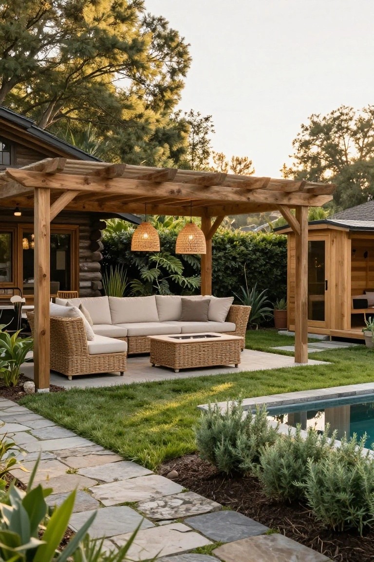 Wooden pergola sheltering a beige rattan L-shaped outdoor sofa and woven fire table on a stone patio adjacent to a pool, with a log cabin house, wooden sauna, potted plants, and lawn in the background.