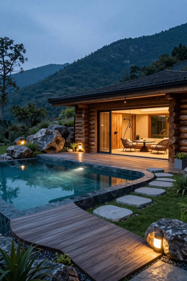 Log cabin exterior at dusk featuring open glass sliding doors to an indoor seating area, a curved wooden deck extending to an infinity-edge pool, surrounded by large rocks, plants, stepping stones, and lanterns against a forested mountain backdrop.