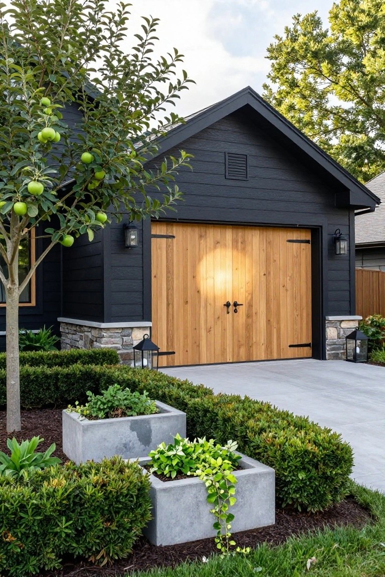 Black Siding with Wooden Garage Doors