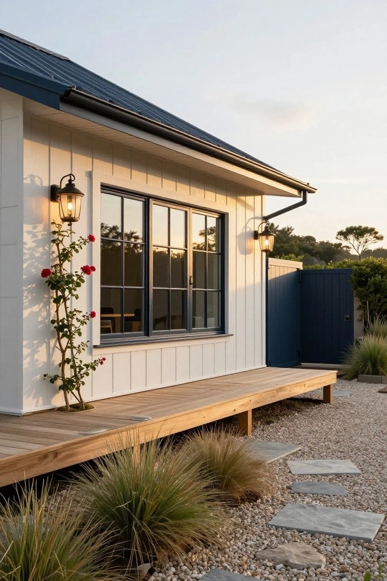 White shiplap-sided house exterior with blue metal roof, black-framed windows, climbing red roses on the wall, wall lanterns, wooden deck platform, gravel yard with grasses, stone path steps, and blue gate.