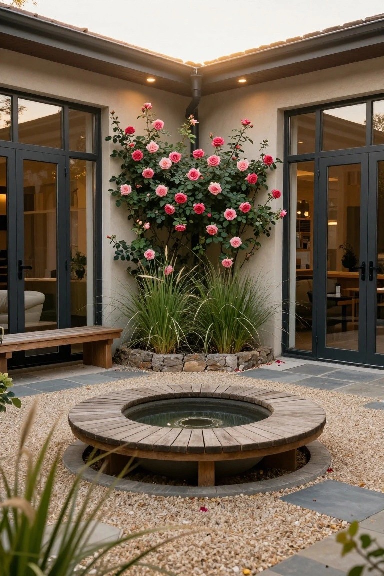 Corner of a modern beige house with black-framed glass doors draped in pink climbing roses, tall ornamental grasses, a wooden bench beside the doors, and a central circular fountain with wooden rim set in gravel and stone pavers.