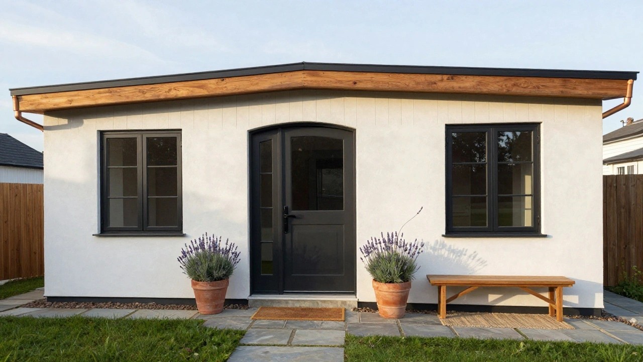 White shiplap-clad cottage exterior featuring a dark arched front door with fanlight, black-framed windows, wooden brackets under the roof overhang, potted lavender and boxwood plants, and a bluestone pathway.