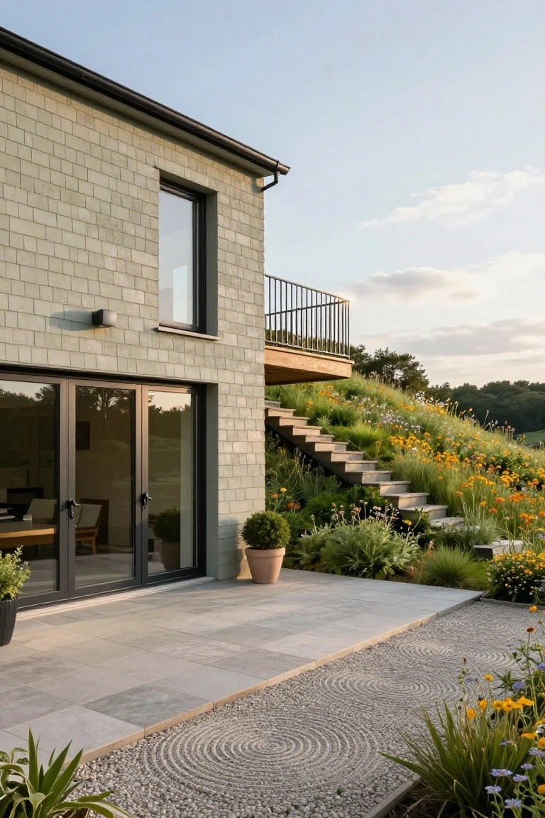 Side exterior of a light gray brick house with black-framed windows and sliding glass doors opening to a gray stone patio edged by gravel circles and plants, next to concrete steps ascending a grass and wildflower-covered earthen mound to a wooden deck with metal railing, surrounded by trees under a partly cloudy sky.