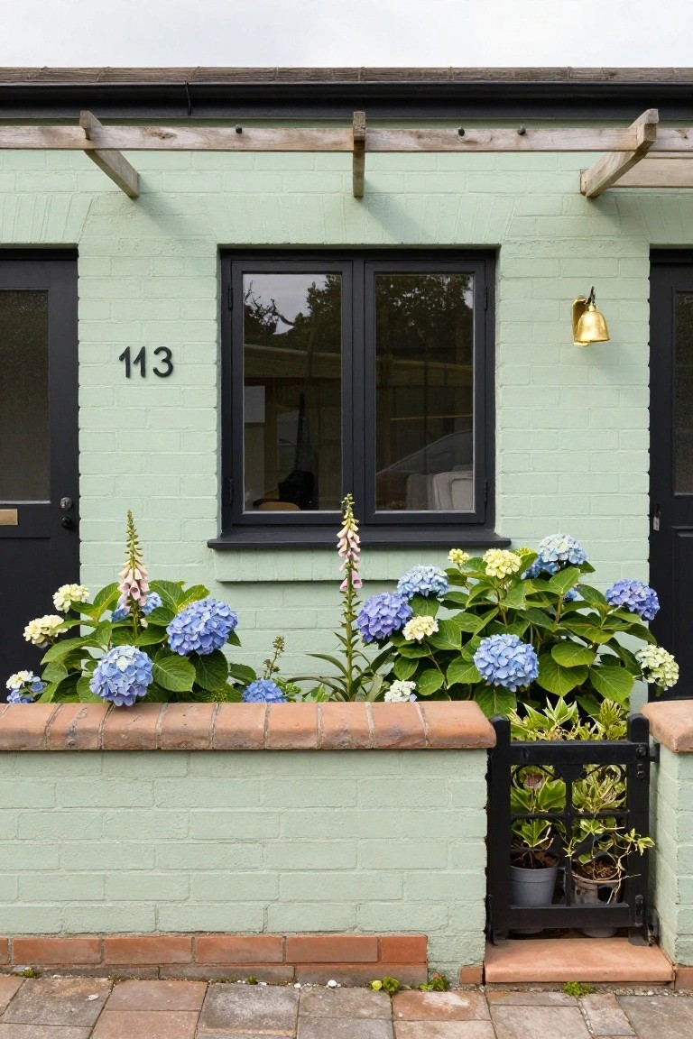 Pale green painted brick house exterior numbered 113 with black framed windows and doors, flanked by hydrangea bushes and foxgloves, plus a small black gate holding potted plants.