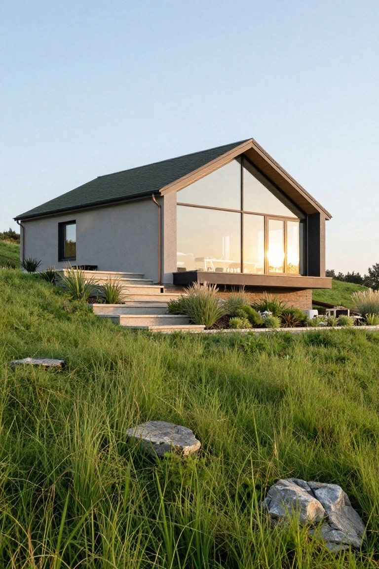 Gray modern house with dark green pitched roof and large triangular glass facade on a grassy hillside, with concrete steps leading to a wooden deck surrounded by ornamental grasses and rocks.