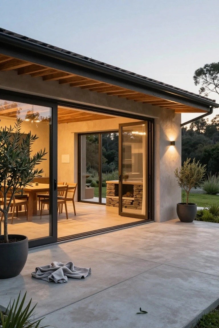 Side exterior of a modern house featuring large open sliding glass doors from an indoor dining room with wooden table and chairs to a concrete patio with potted olive trees, a stone wall, and garden plantings at dusk.