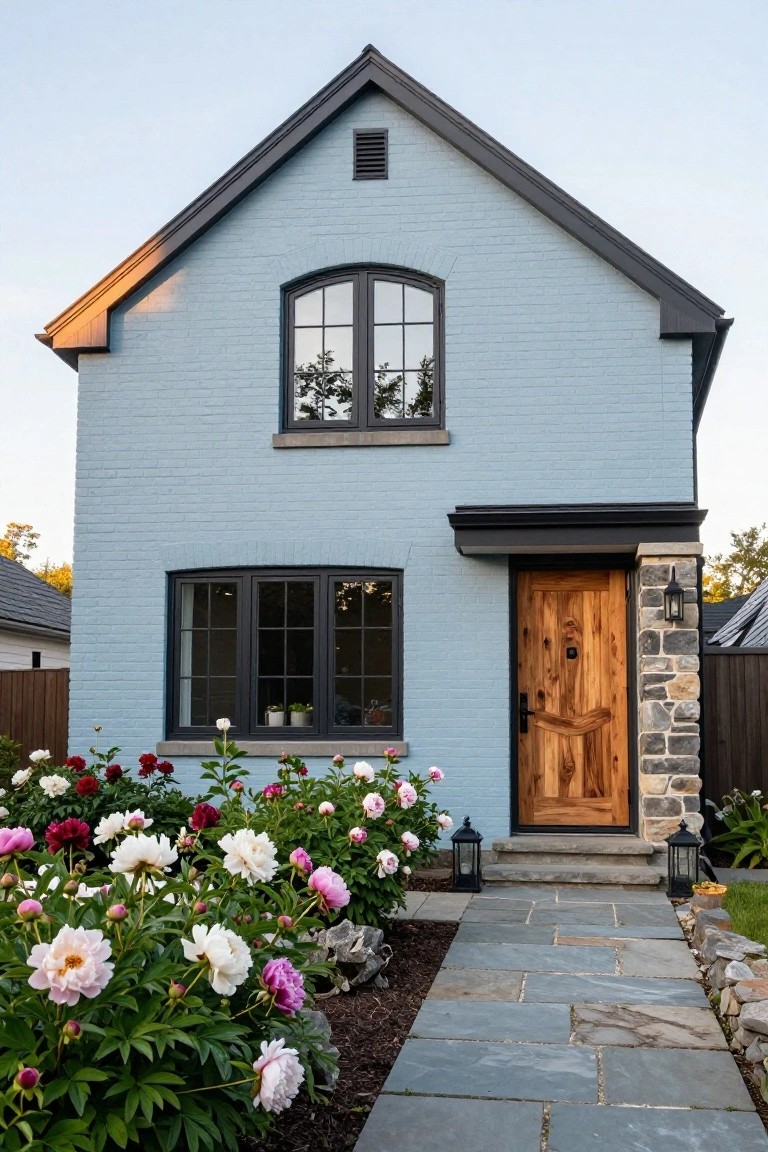 Front exterior of a two-story cottage-style house with light blue painted brick walls, black-framed windows, gabled dark roof, wooden front door in stone pillars, peony flower beds, and bluestone pathway.
