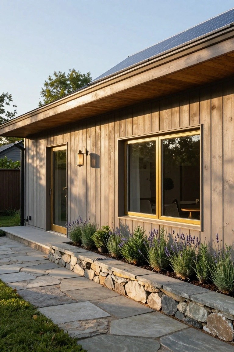 Exterior of a small rectangular cottage with vertical weathered wood siding, solar panels on the sloped roof, a glass entry door with gold frame and lantern light, large sliding windows with gold frames, lavender plants along a stone retaining wall, and a flagstone pathway leading to the door.