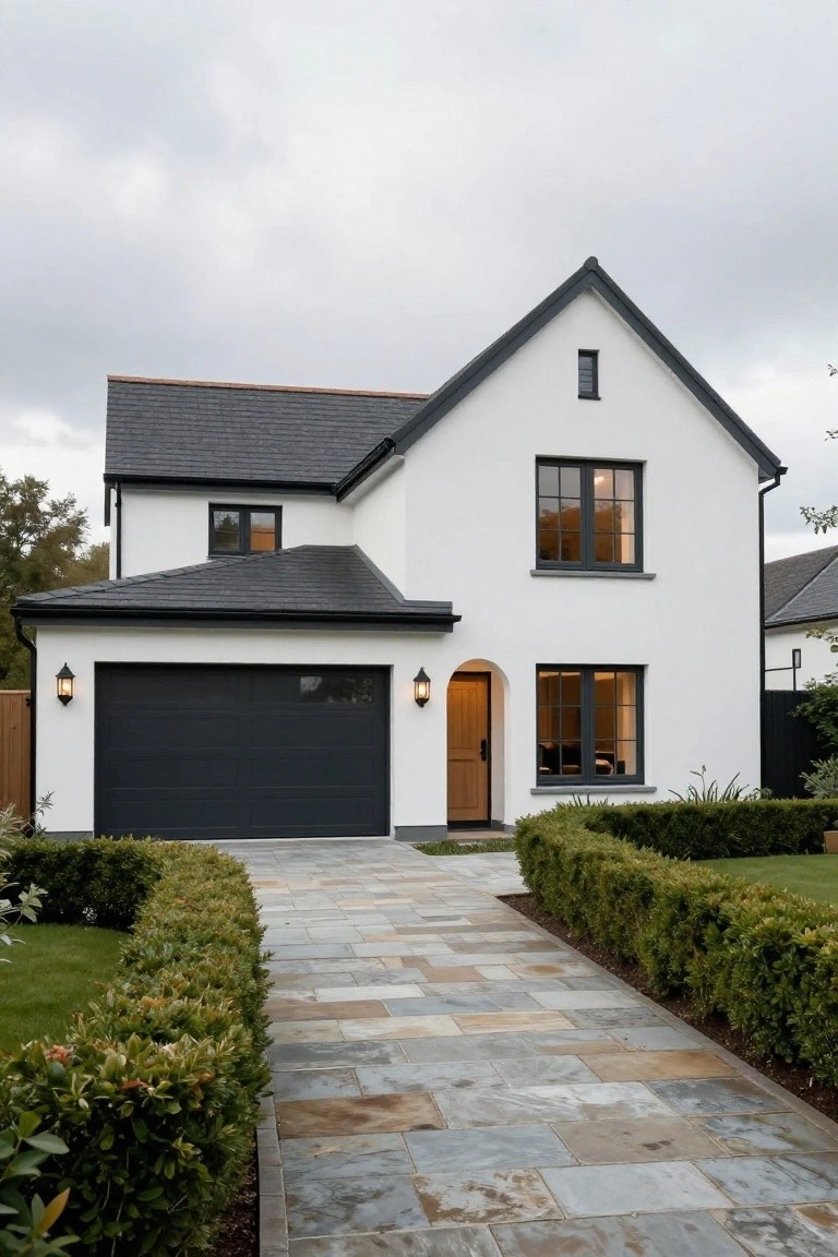 Two-story white stucco house with dark slate roof, black garage door, arched wooden front door, black-framed windows, lantern lights, boxwood hedges, and stone pathway on a lawn.
