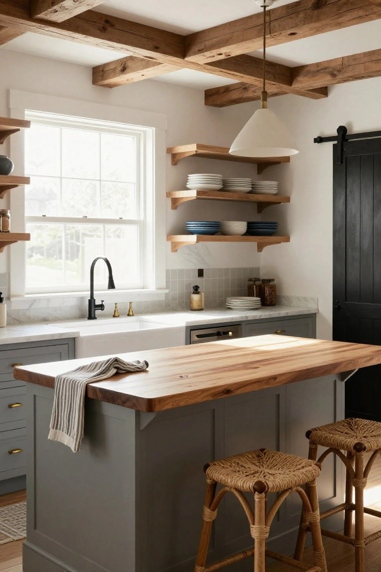 Bright modern farmhouse kitchen with exposed wooden ceiling beams, gray island topped with butcher block, rattan bar stools, white farmhouse sink, open wood shelves with dishes, and black sliding barn door.