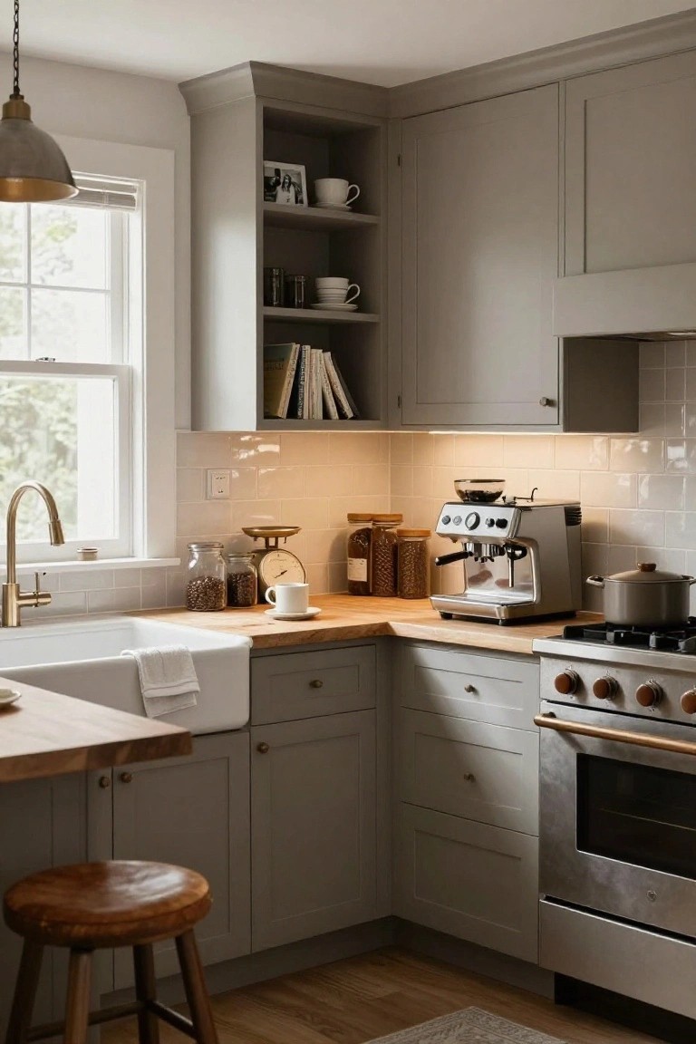Corner kitchen with light gray shaker cabinets, wooden countertop, white farmhouse sink, brass faucet, espresso machine, jars of beans, and stainless steel range oven next to a window.