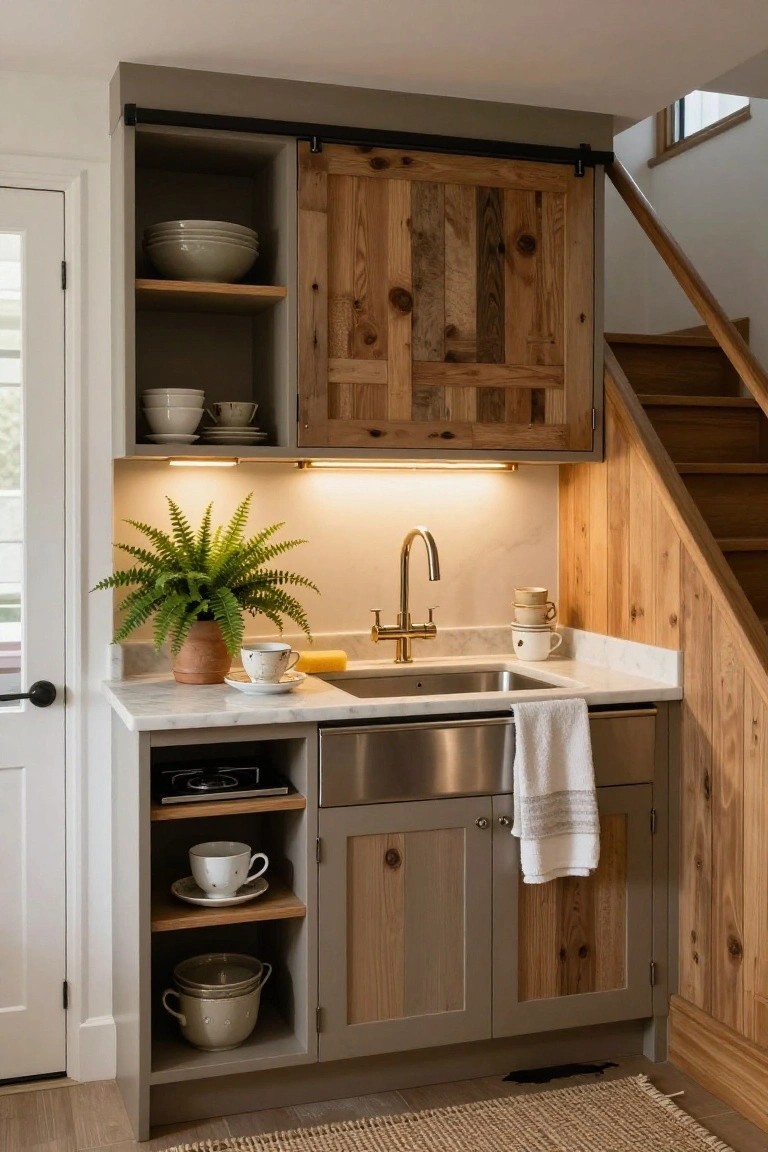 Compact kitchen nook with gray lower cabinets, reclaimed wood upper cabinets featuring a sliding barn door, stainless steel farmhouse sink, gold faucet, potted fern, stacked dishes on open shelves, and wooden staircase adjacent.