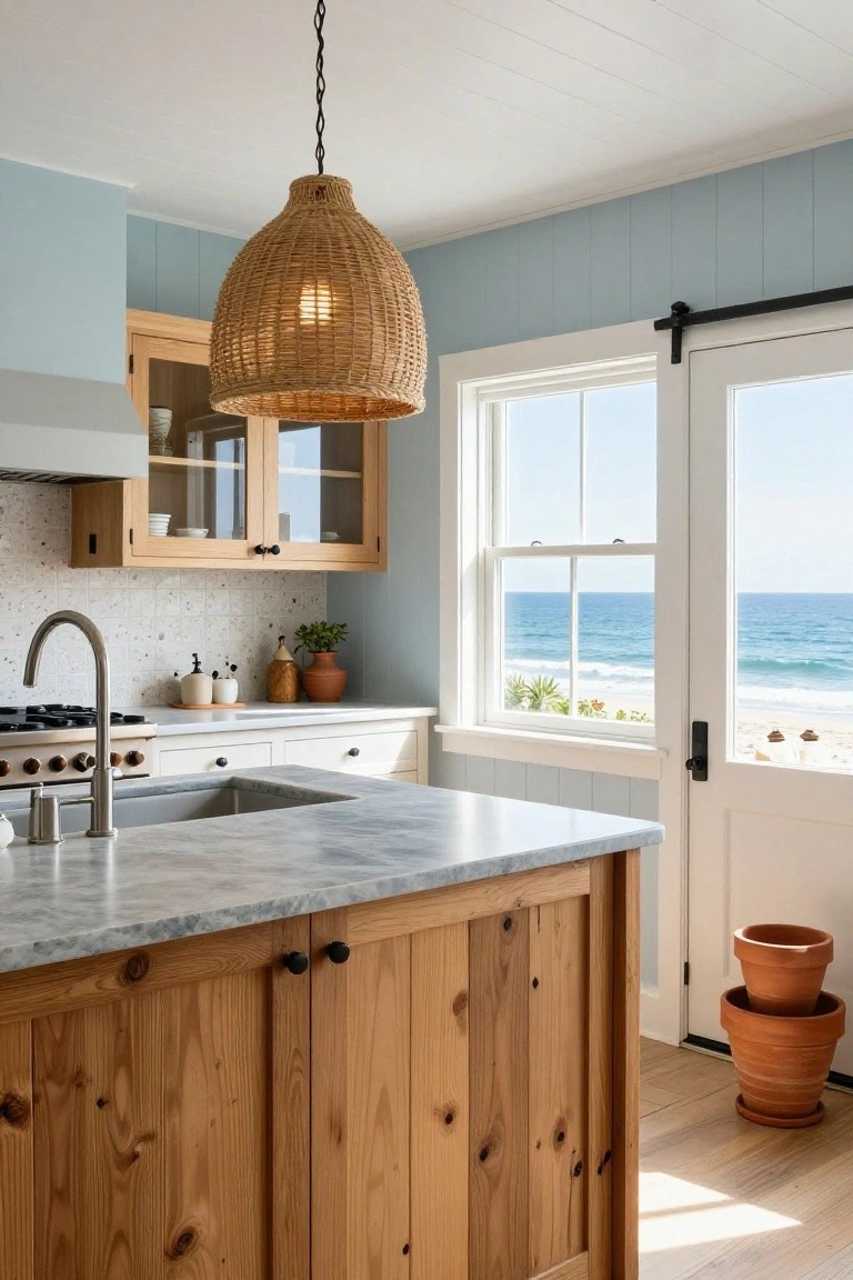 Coastal kitchen interior with light blue shiplap walls, wooden island with gray marble countertop and integrated sink, rattan pendant light, white lower cabinets, and large glass doors overlooking the ocean and beach.