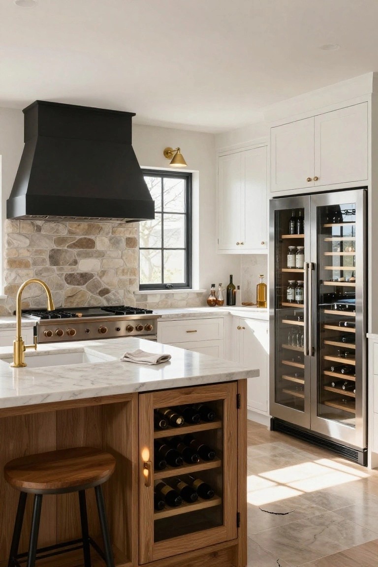 Modern kitchen with white shaker cabinets, black range hood over gas range, gold faucet in white sink, marble island with oak wood base containing glass-door wine storage and black metal stool, and stainless steel refrigerator with wine cooler doors.