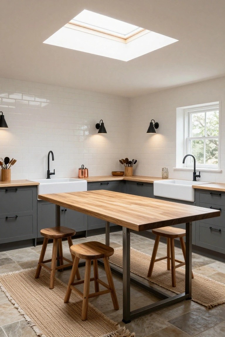 A kitchen interior with a central rectangular island table featuring a light wood butcher block top on black metal legs, flanked by wooden stools, grey lower cabinets, white farmhouse sinks, and a white subway tile backsplash.