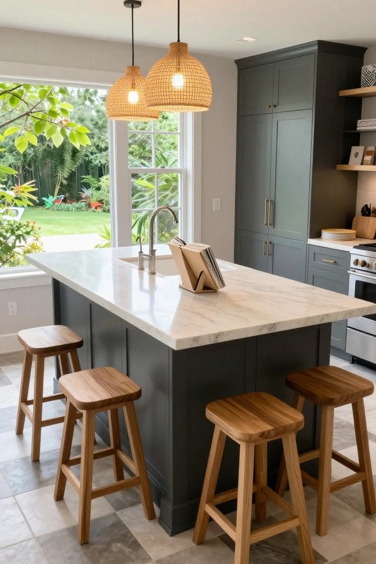 Modern kitchen island with white marble countertop on dark gray cabinet base, four wooden barstools, rattan pendant lights, sink, and window view of garden.