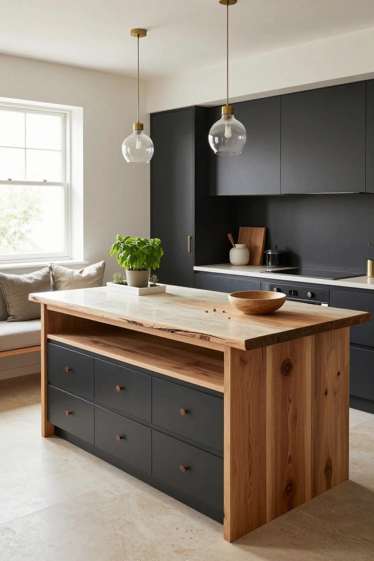 Modern kitchen with central island featuring live-edge wood countertop over black cabinet base with drawers and integrated bench seating, flanked by dark cabinets, pendant lights, window, and plants.
