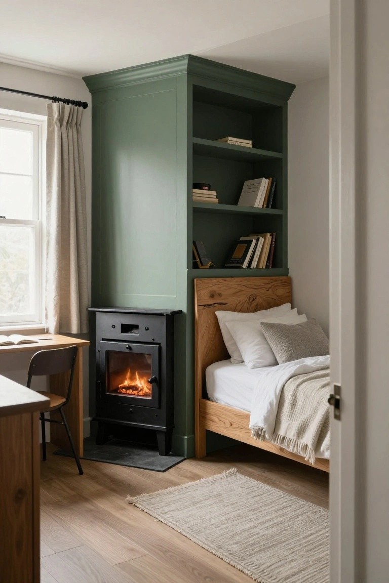 Small bedroom interior with green built-in bookshelves along one wall, lit black wood-burning stove in the corner, oak bed frame with white bedding, wooden desk and chair, window with beige curtains, and seagrass rug on wood floors.