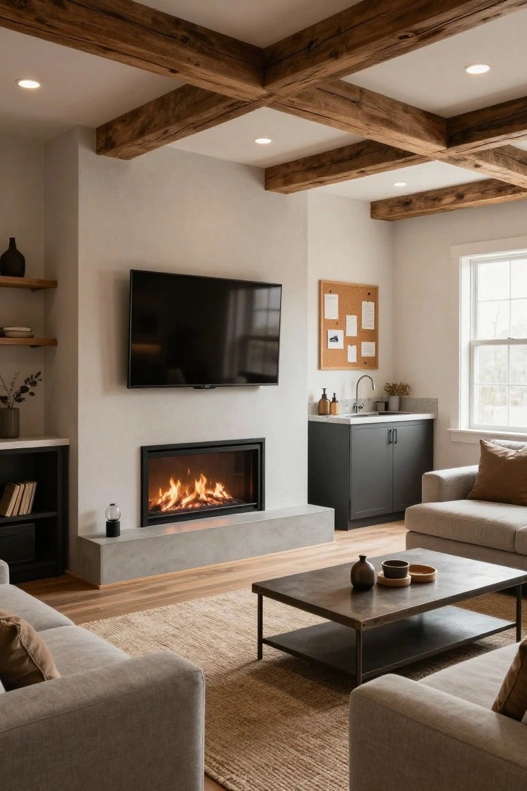 Modern living room with dark exposed wooden beams crossing a white ceiling, linear black gas fireplace on concrete hearth, two light gray sofas facing a metal coffee table on a beige rug, built-in wet bar with sink, and black shelving units.