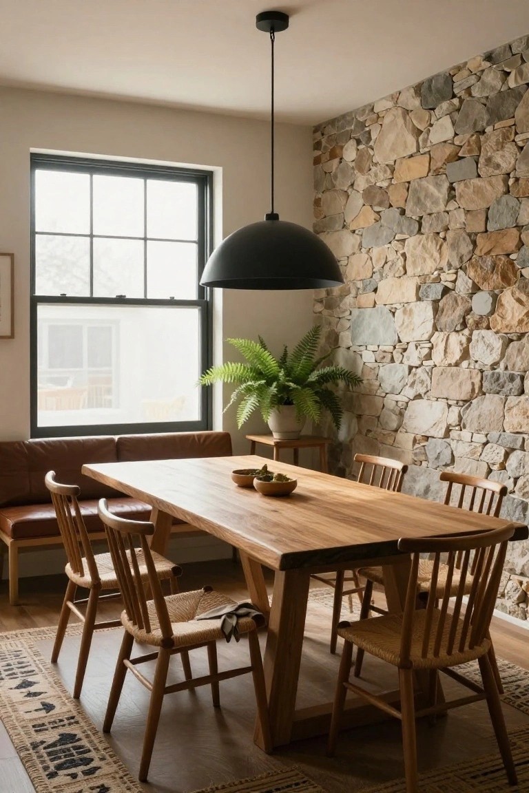 Dining room with exposed stone accent wall, wooden trestle table, four wooden chairs with rush seats, leather banquette, potted fern on side table, black pendant light, and window.