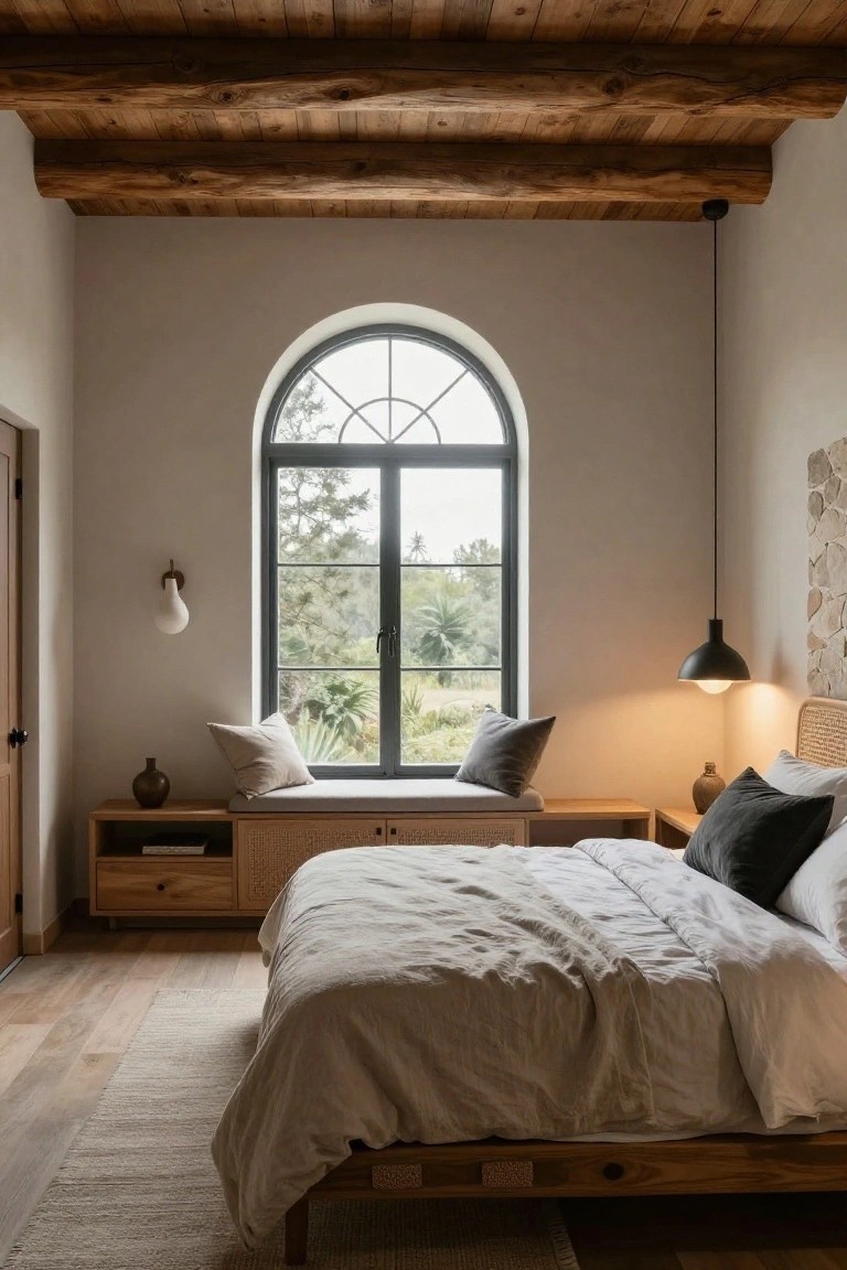 Bedroom interior with exposed wooden beam ceiling, large arched black-framed window with window seat and cushions overlooking trees and greenery, wooden platform bed with white linens and black pillows, rattan headboard, wooden nightstands with ceramics, pendant light, and beige walls.